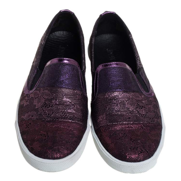 Pre Owned Jimmy Choo Metallic Purple Lace Demi Slip On Sneakers Size 40