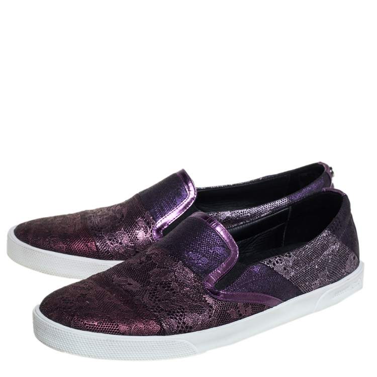 Pre Owned Jimmy Choo Metallic Purple Lace Demi Slip On Sneakers Size 40