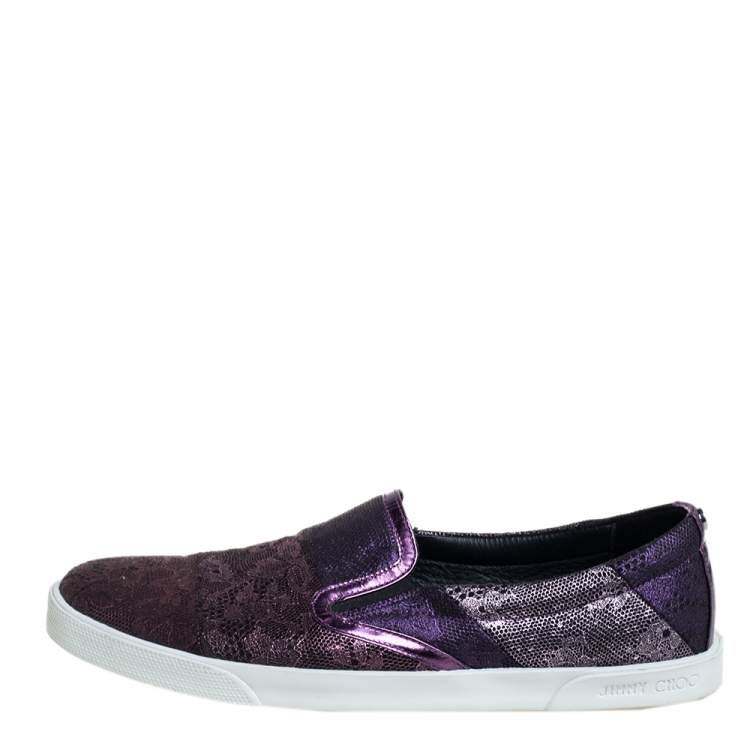 Pre Owned Jimmy Choo Metallic Purple Lace Demi Slip On Sneakers Size 40