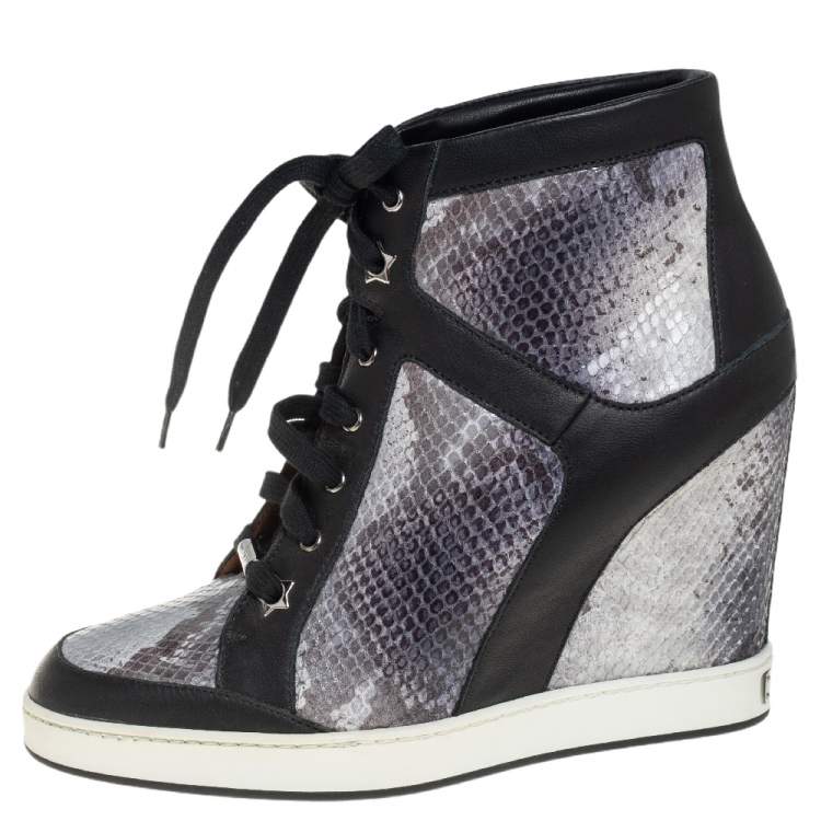 Pre Owned Jimmy Choo Tri Color Leather and Python Embossed Leather Panama Wedge Sneakers Size 40