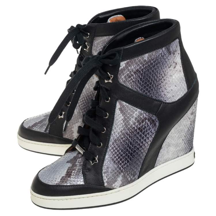 Pre Owned Jimmy Choo Tri Color Leather and Python Embossed Leather Panama Wedge Sneakers Size 40