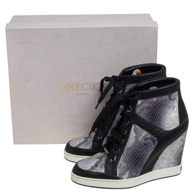 Pre Owned Jimmy Choo Tri Color Leather and Python Embossed Leather Panama Wedge Sneakers Size 40