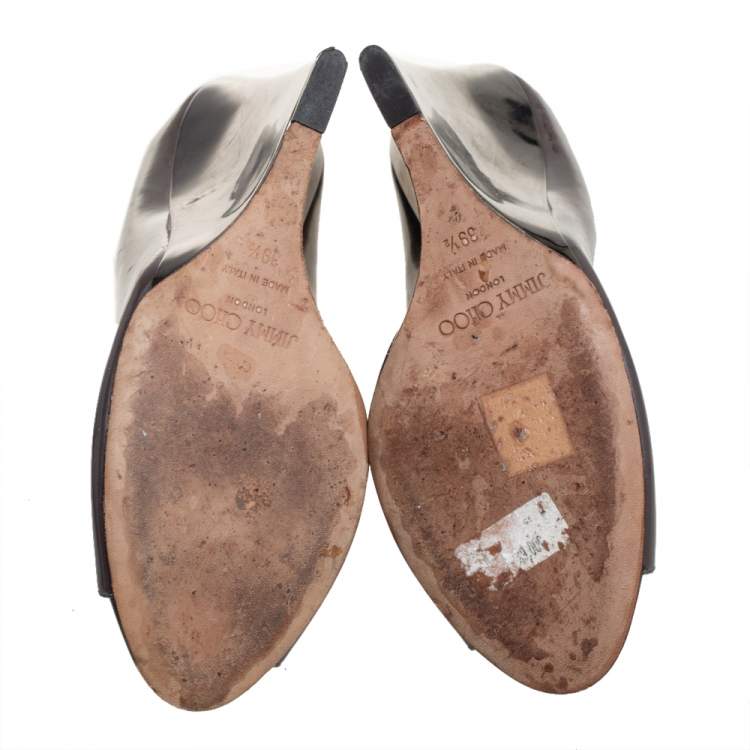 Pre Owned Jimmy Choo Grey Patent Leather Peep Toe Wedge Pumps Size 39.5