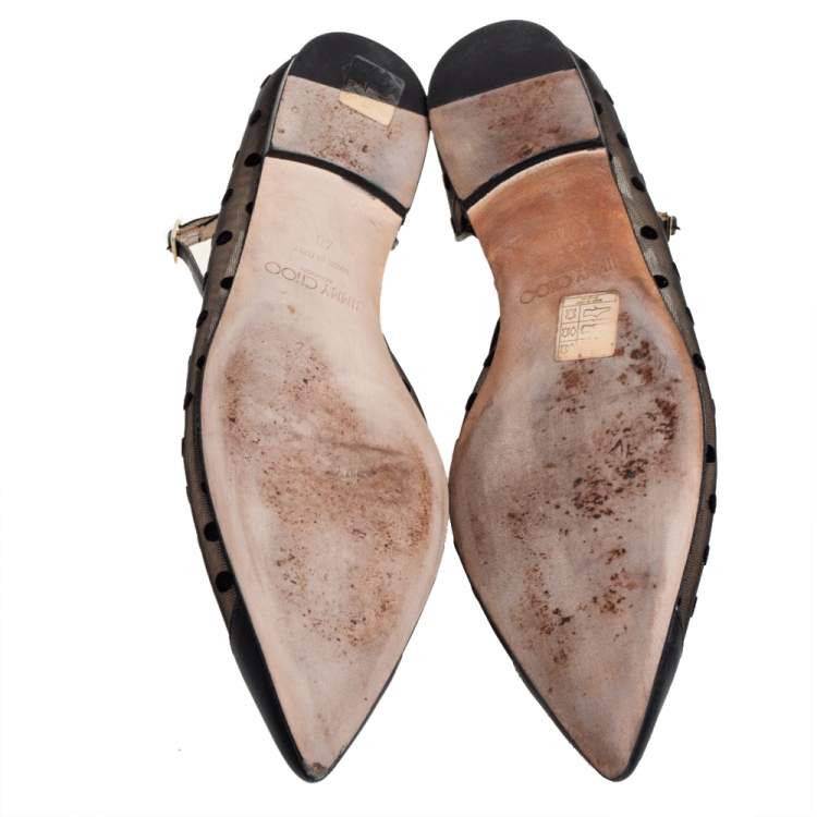 Pre Owned Jimmy Choo Black Leather and Mesh Polka Dot Lucy Ballet Flats Size 40