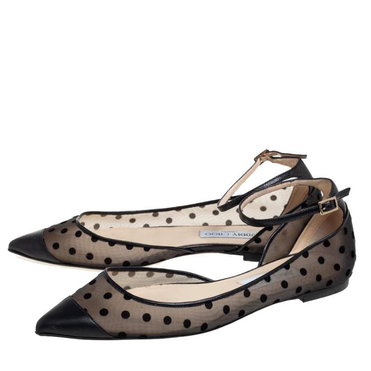Pre Owned Jimmy Choo Black Leather and Mesh Polka Dot Lucy Ballet Flats Size 40