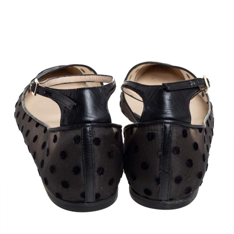 Pre Owned Jimmy Choo Black Leather and Mesh Polka Dot Lucy Ballet Flats Size 40