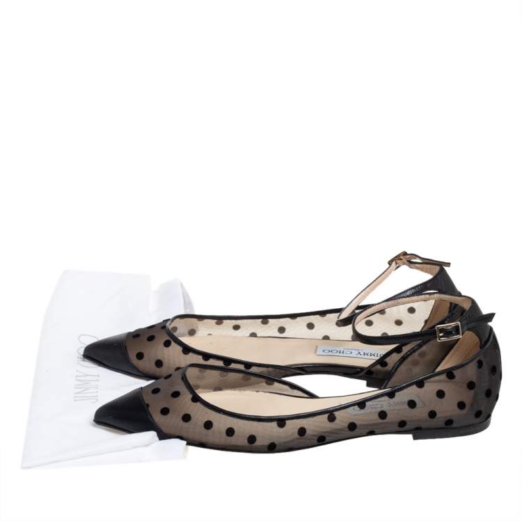 Pre Owned Jimmy Choo Black Leather and Mesh Polka Dot Lucy Ballet Flats Size 40