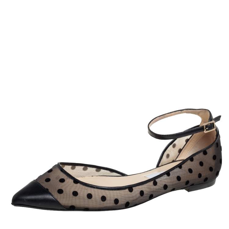 Pre Owned Jimmy Choo Black Leather and Mesh Polka Dot Lucy Ballet Flats Size 40