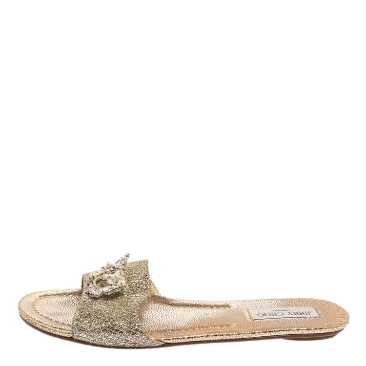 مملوكة مسبقًا Jimmy Choo Silver Glitter And Lamé Fabric Embellished Flat Slides Size 41.5