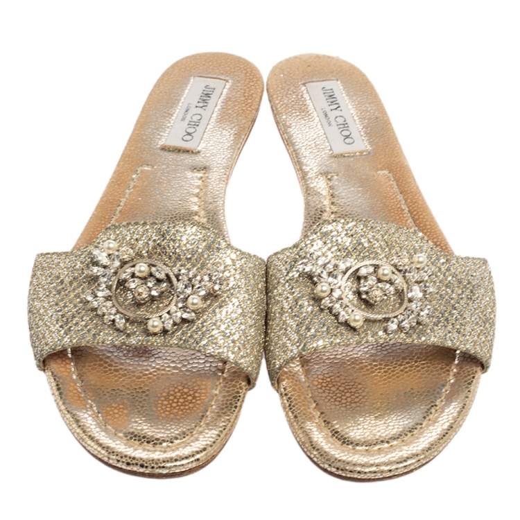 مملوكة مسبقًا Jimmy Choo Silver Glitter And Lamé Fabric Embellished Flat Slides Size 41.5