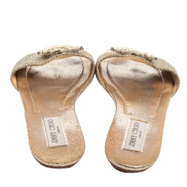 مملوكة مسبقًا Jimmy Choo Silver Glitter And Lamé Fabric Embellished Flat Slides Size 41.5