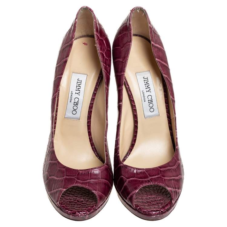 Pre Owned Jimmy Choo Burgundy Croc Embossed Leather  Peep Toe Pumps Size 39