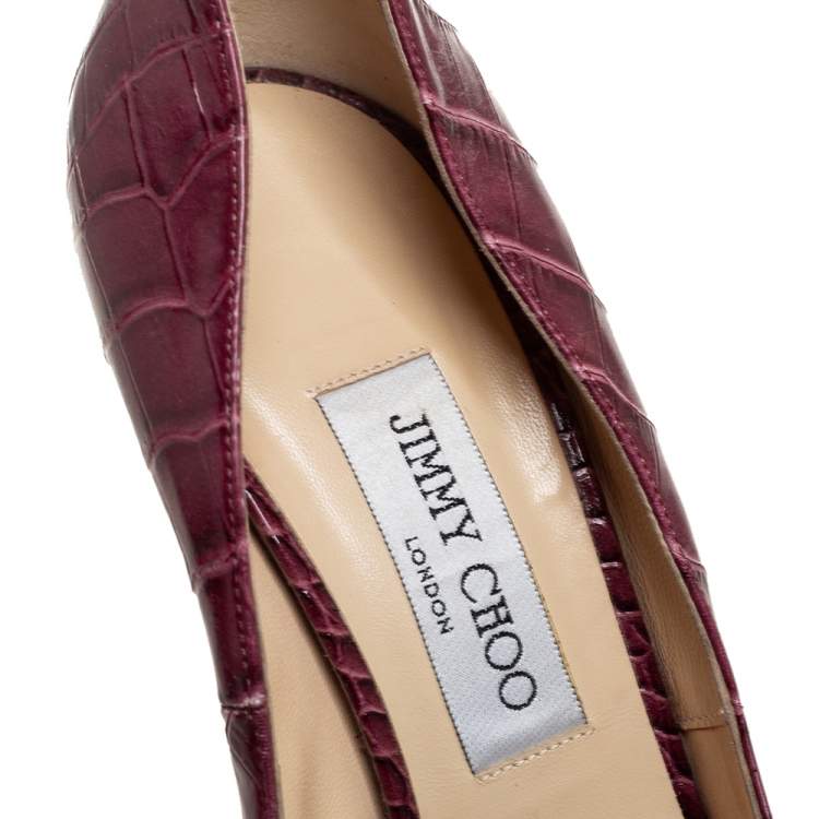 Pre Owned Jimmy Choo Burgundy Croc Embossed Leather  Peep Toe Pumps Size 39