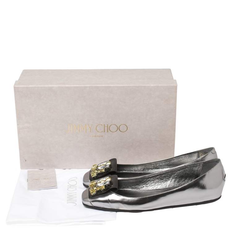 Pre Owned Jimmy Choo Metallic Grey Leather Crystal Embellished Gemini Flats Size 38.5