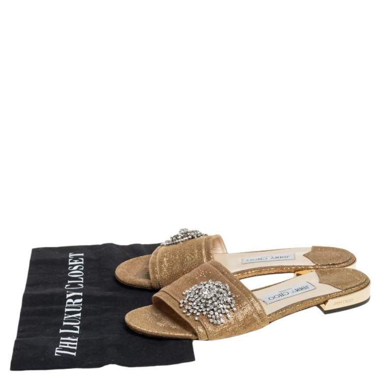مملوكة مسبقًا Jimmy Choo Gold Lurex Joni Crystal Embellished Flat Slides Size 39.5