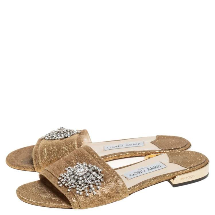 مملوكة مسبقًا Jimmy Choo Gold Lurex Joni Crystal Embellished Flat Slides Size 39.5
