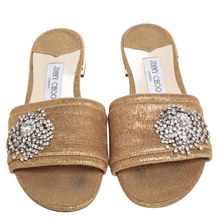 مملوكة مسبقًا Jimmy Choo Gold Lurex Joni Crystal Embellished Flat Slides Size 39.5
