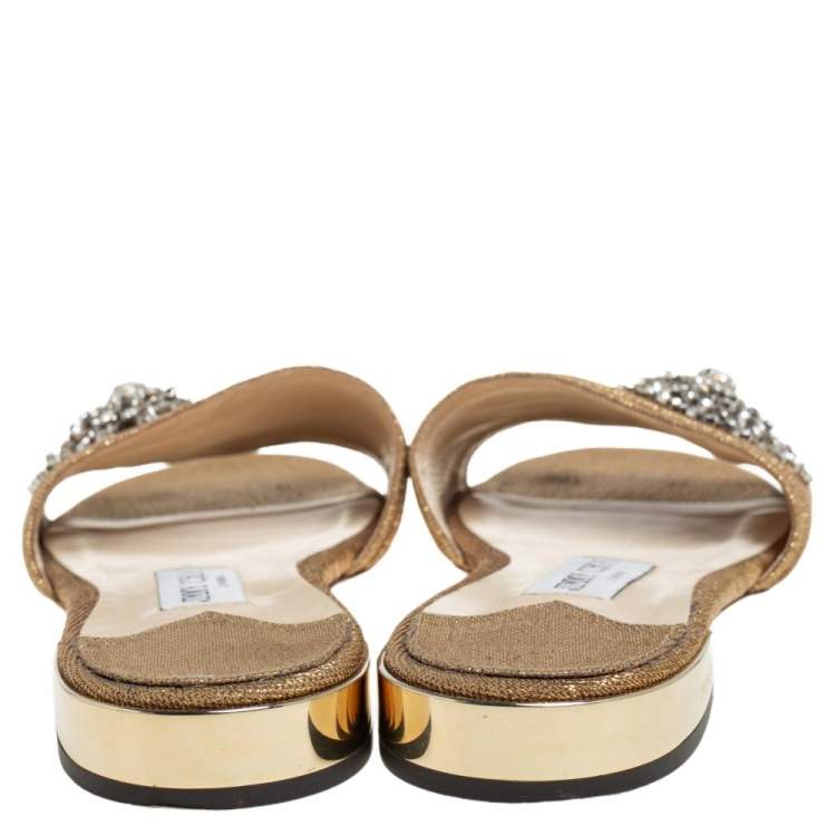 مملوكة مسبقًا Jimmy Choo Gold Lurex Joni Crystal Embellished Flat Slides Size 39.5