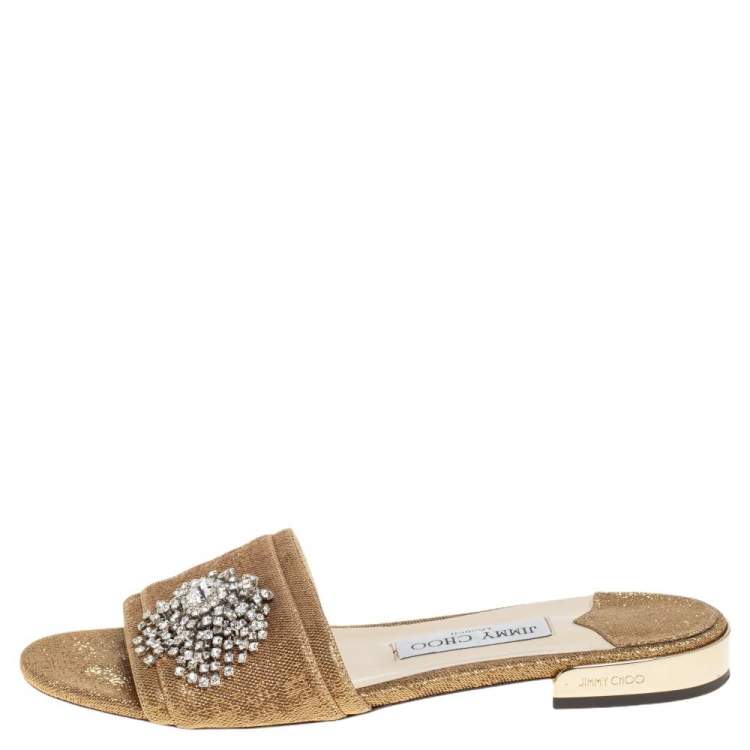 مملوكة مسبقًا Jimmy Choo Gold Lurex Joni Crystal Embellished Flat Slides Size 39.5