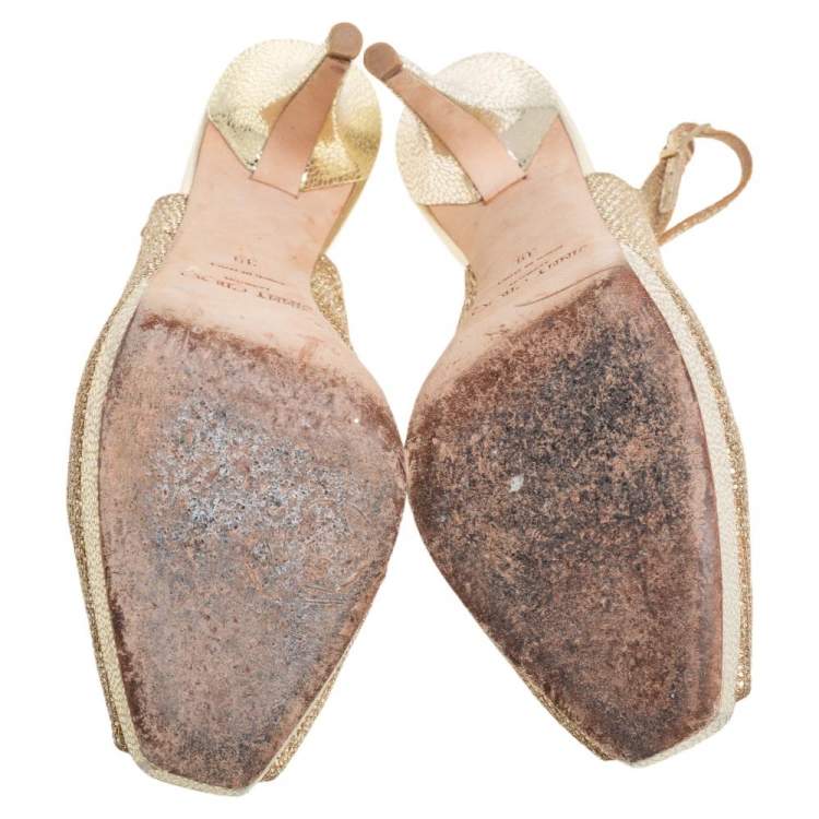 Pre Owned Jimmy Choo Gold Glitter Fabric Nova Peep Toe Platform Slingback Sandals Size 39