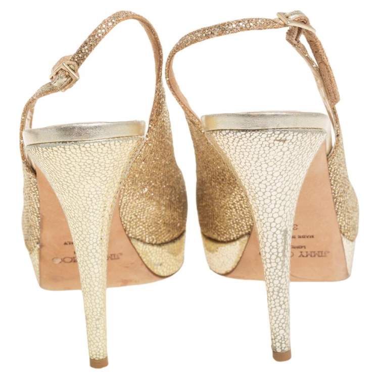 Pre Owned Jimmy Choo Gold Glitter Fabric Nova Peep Toe Platform Slingback Sandals Size 39