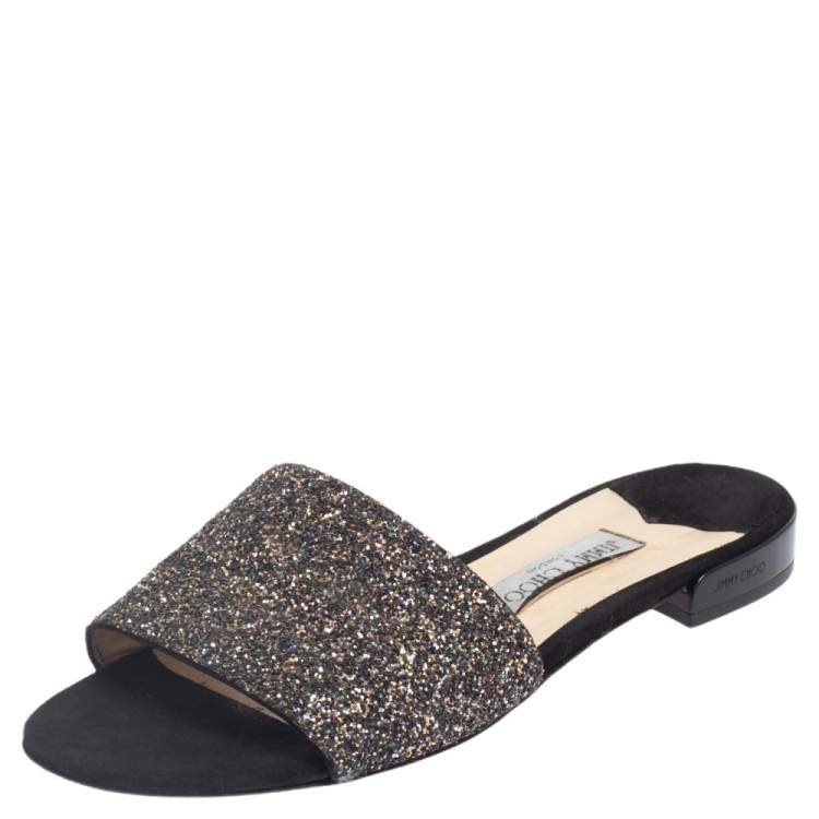 Jimmy Choo Black Twilight Glitter Fabric Joni Flat Slide Sandals Size 40 Jimmy Choo TLC