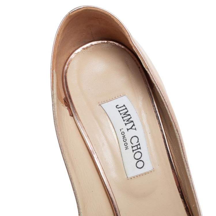 Pre Owned Jimmy Choo Metallic Rose Gold Leather Wedge Peep Toe Pumps Size 40.5