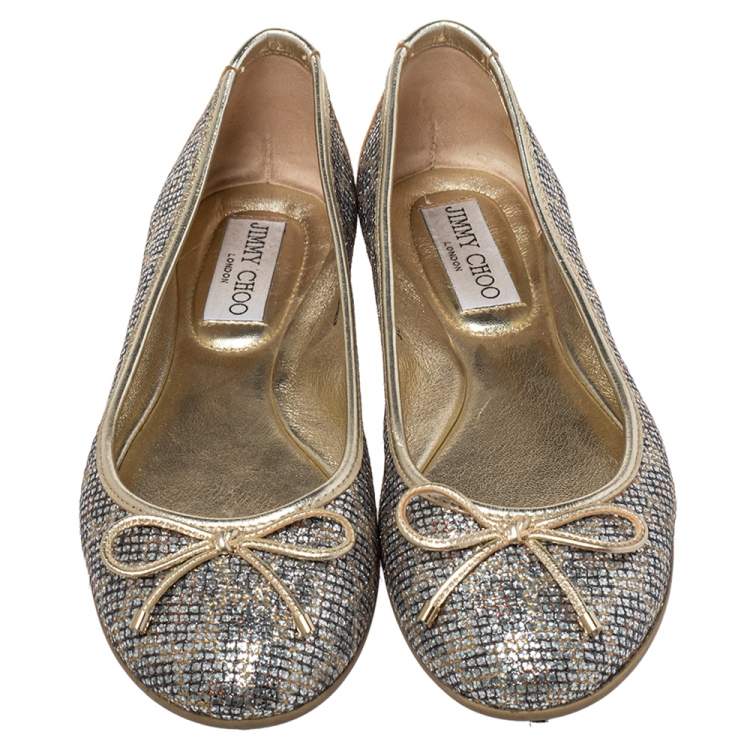 Pre Owned Jimmy Choo Gold Glitter Bow Ballet Size 36