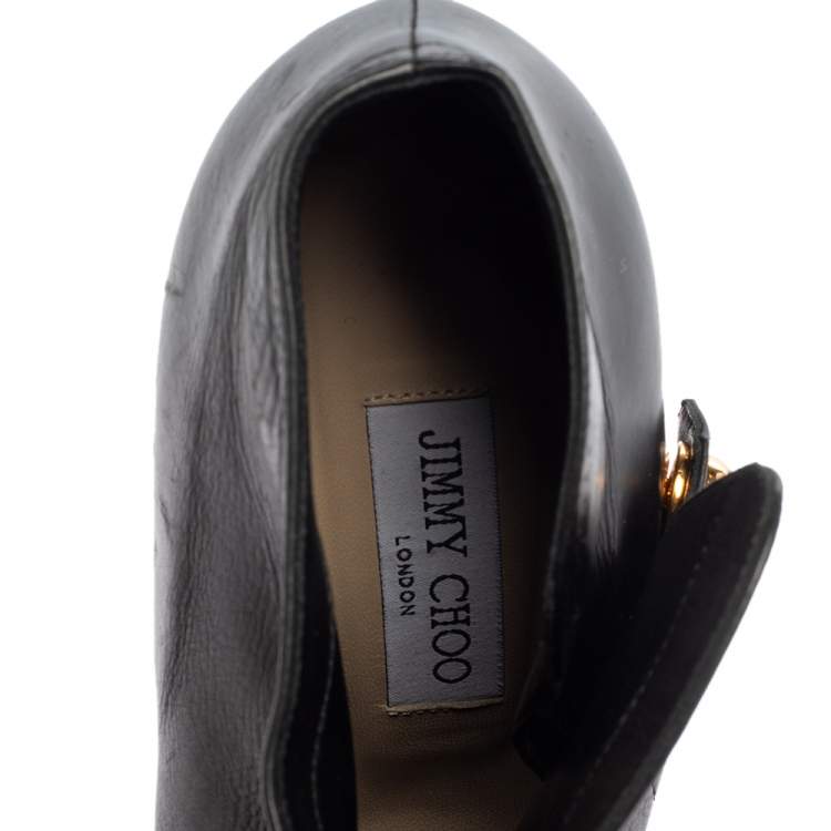 Pre Owned Jimmy Choo Black Leather Medal Block Heel Booties Size 38