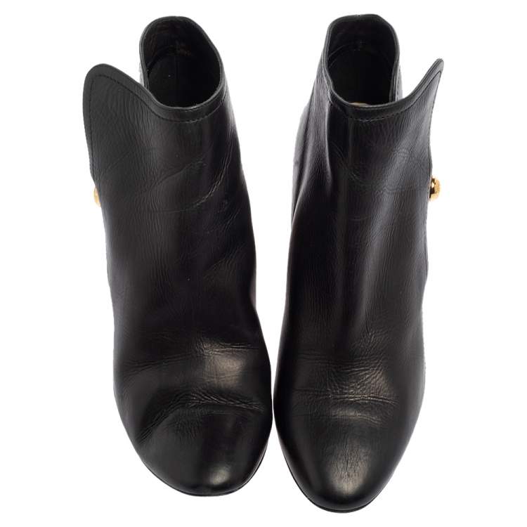 Pre Owned Jimmy Choo Black Leather Medal Block Heel Booties Size 38