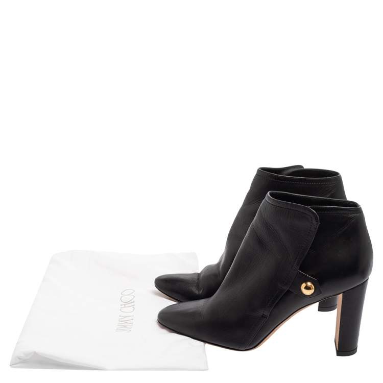 Pre Owned Jimmy Choo Black Leather Medal Block Heel Booties Size 38