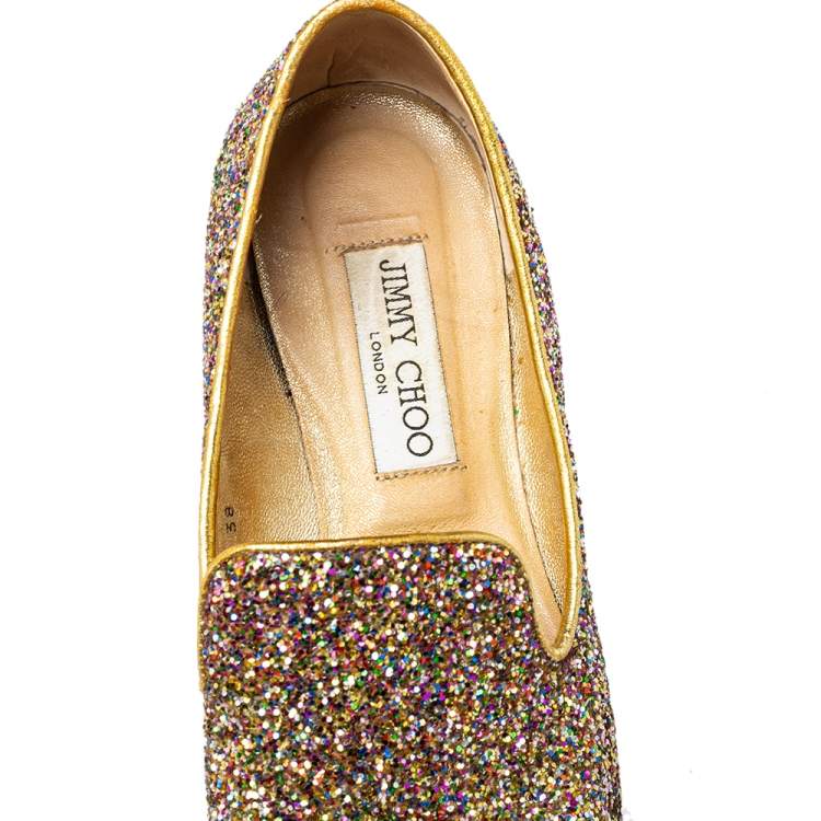 Pre Owned Jimmy Choo Gold Glitter Sloane Smoking Slippers Size 38