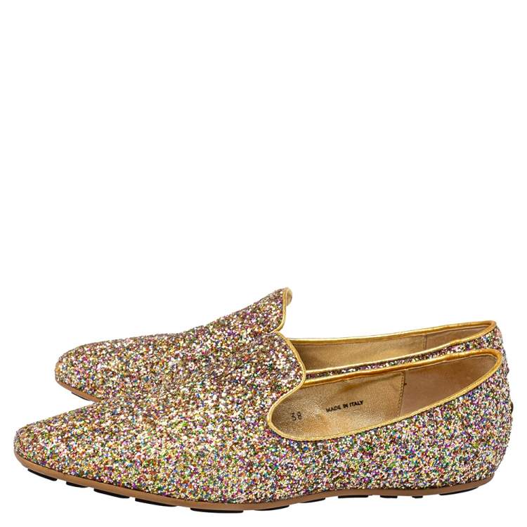 Pre Owned Jimmy Choo Gold Glitter Sloane Smoking Slippers Size 38