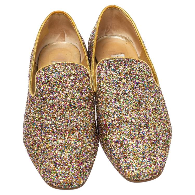 Pre Owned Jimmy Choo Gold Glitter Sloane Smoking Slippers Size 38