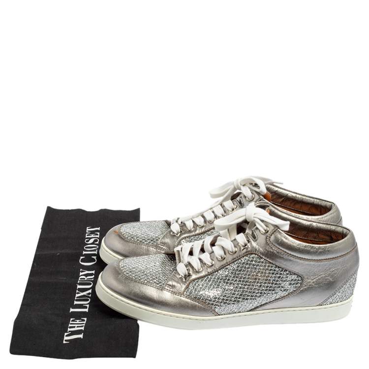 Pre Owned Jimmy Choo Silver Leather And Glitter Miami Low Top Sneakers Size 39 