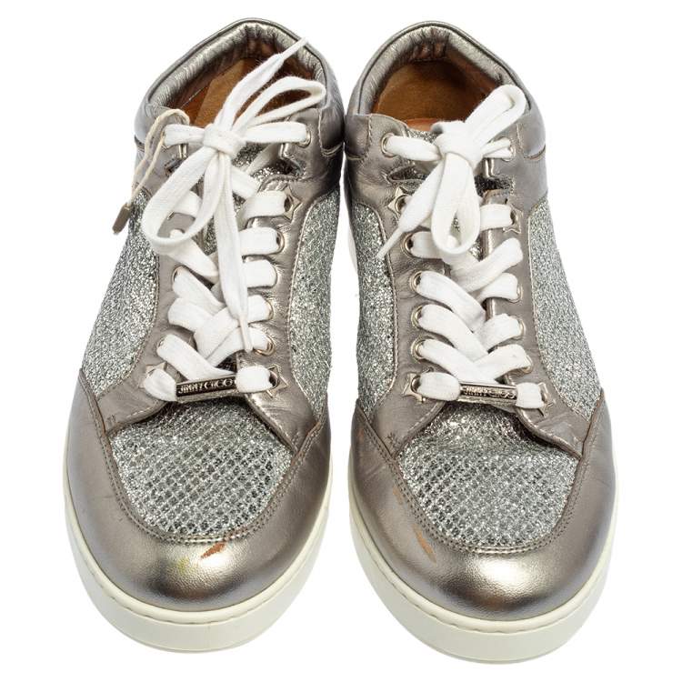 Pre Owned Jimmy Choo Silver Leather And Glitter Miami Low Top Sneakers Size 39 
