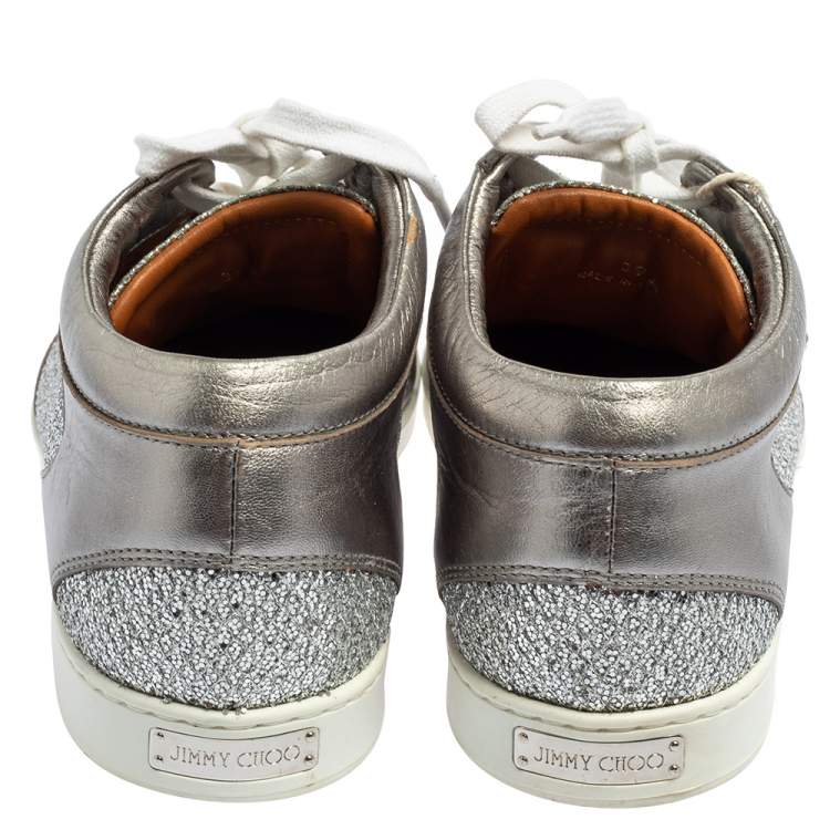 Pre Owned Jimmy Choo Silver Leather And Glitter Miami Low Top Sneakers Size 39 