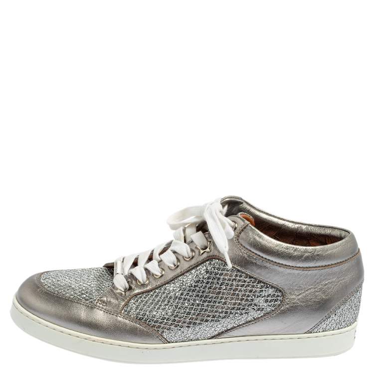 Pre Owned Jimmy Choo Silver Leather And Glitter Miami Low Top Sneakers Size 39 