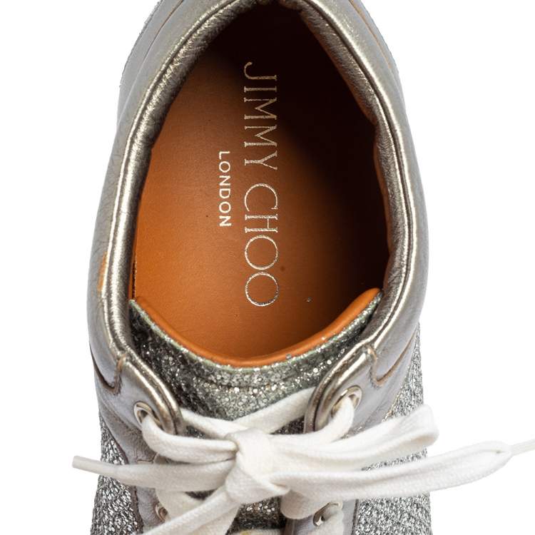 Pre Owned Jimmy Choo Silver Leather And Glitter Miami Low Top Sneakers Size 39 