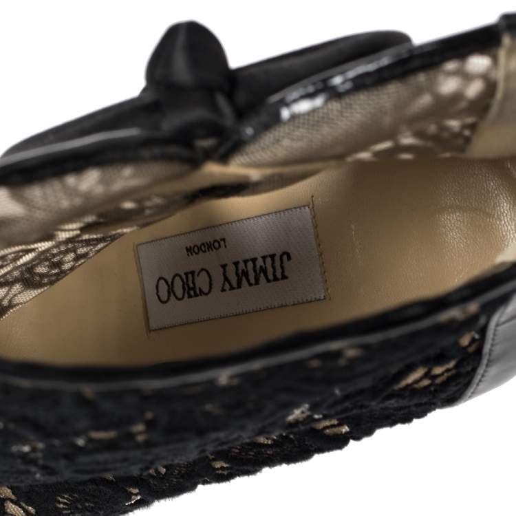 Pre Owned Jimmy Choo Black Lace And Patent Leather Bow Peep Toe Platform Booties Size 39