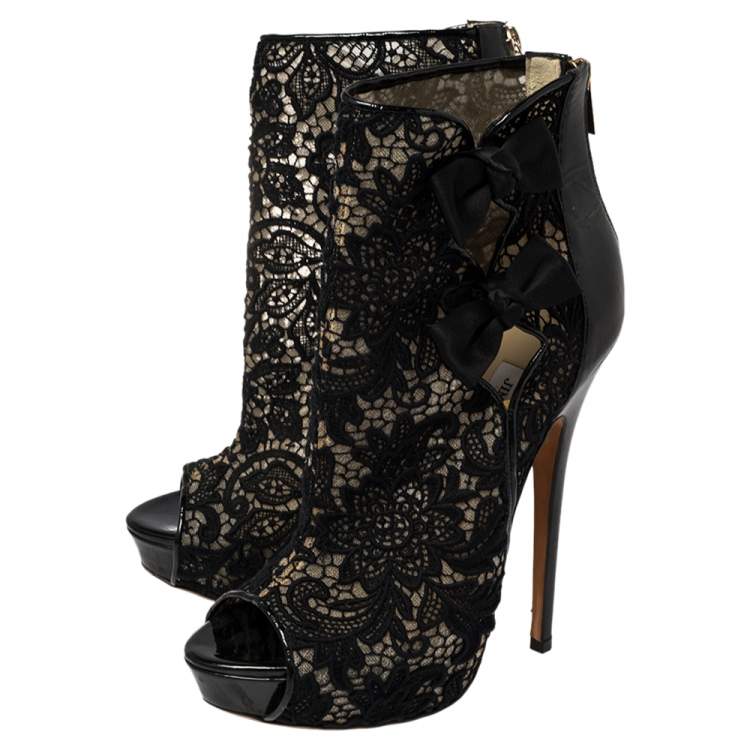 Pre Owned Jimmy Choo Black Lace And Patent Leather Bow Peep Toe Platform Booties Size 39