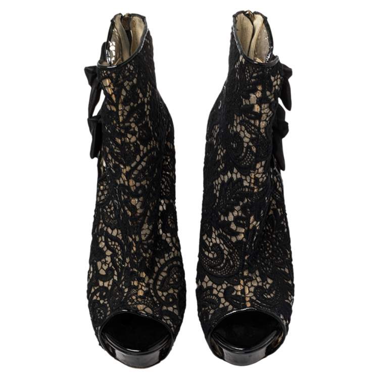 Pre Owned Jimmy Choo Black Lace And Patent Leather Bow Peep Toe Platform Booties Size 39