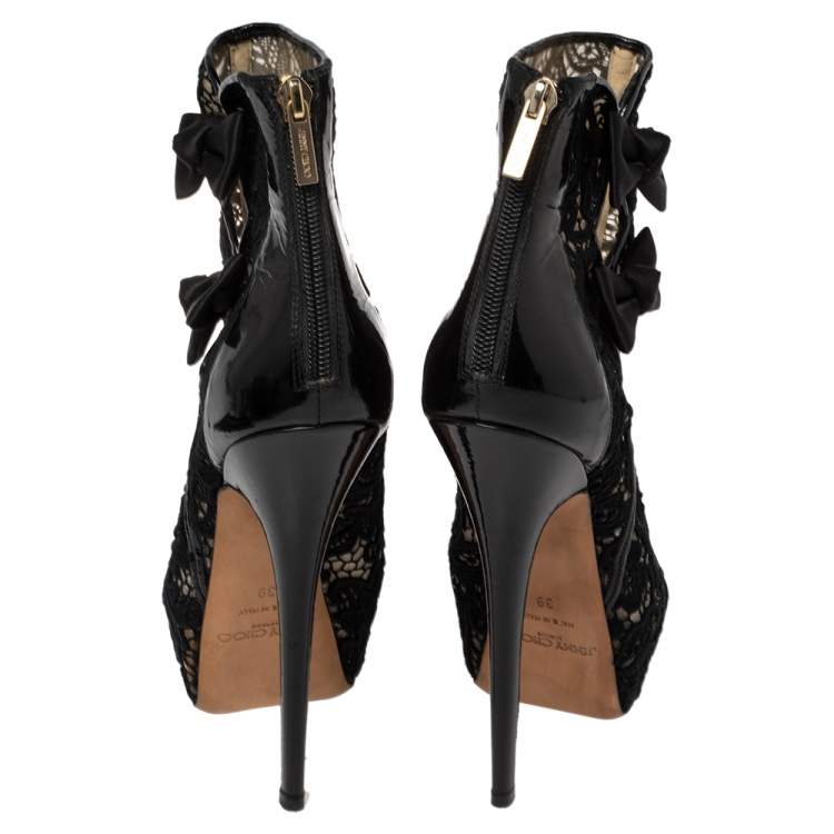 Pre Owned Jimmy Choo Black Lace And Patent Leather Bow Peep Toe Platform Booties Size 39