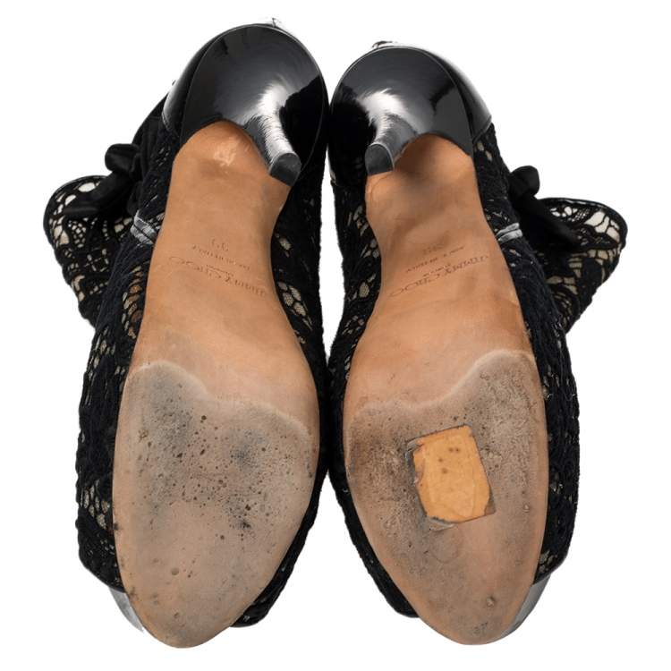 Pre Owned Jimmy Choo Black Lace And Patent Leather Bow Peep Toe Platform Booties Size 39