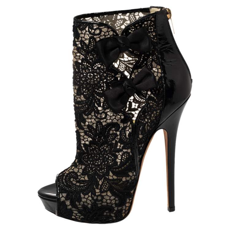 Pre Owned Jimmy Choo Black Lace And Patent Leather Bow Peep Toe Platform Booties Size 39