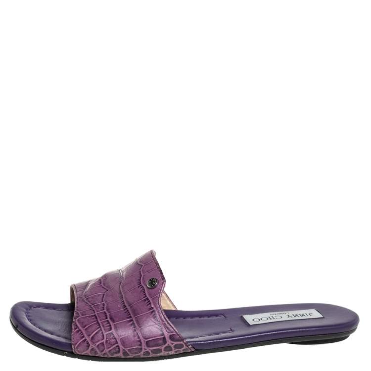 Pre Owned Jimmy Choo Purple Croc Embossed Leather Nanda Flat Slides Size 38.5