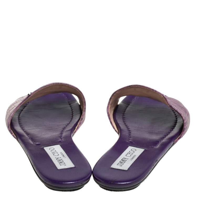 Pre Owned Jimmy Choo Purple Croc Embossed Leather Nanda Flat Slides Size 38.5