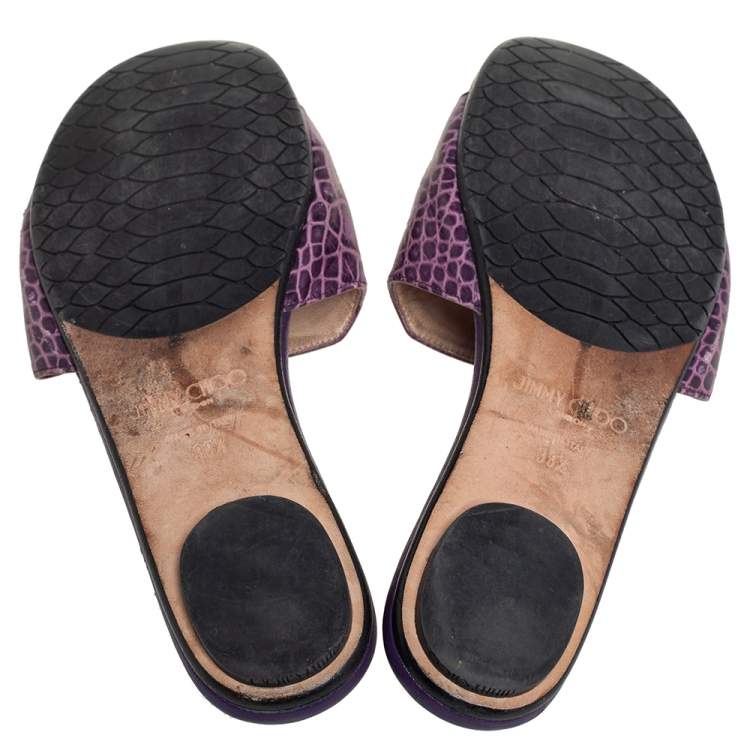 Pre Owned Jimmy Choo Purple Croc Embossed Leather Nanda Flat Slides Size 38.5