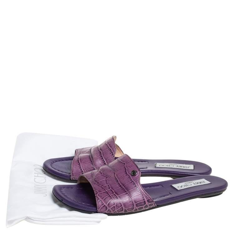 Pre Owned Jimmy Choo Purple Croc Embossed Leather Nanda Flat Slides Size 38.5