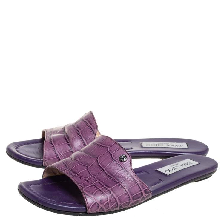 Pre Owned Jimmy Choo Purple Croc Embossed Leather Nanda Flat Slides Size 38.5